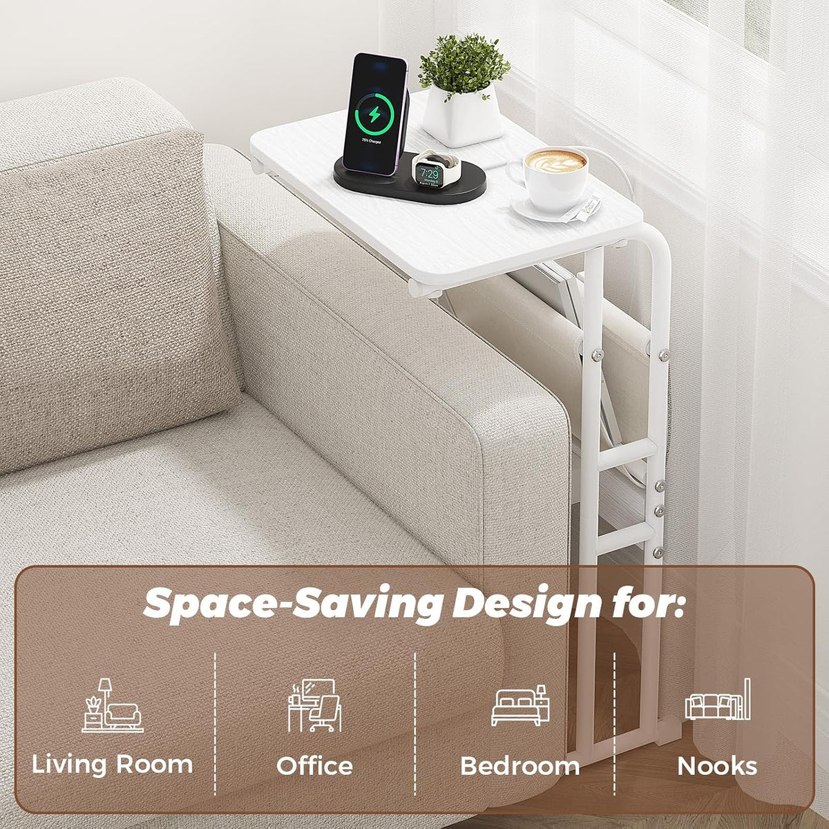 C-Shaped End Table with Charging Station and Storage Bag White - Image 6