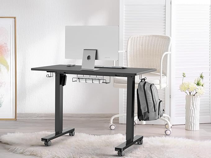 SHW Mobile Electric Height Adjustable Standing Desk w/Drawer, Black | 40" Wide Top | w/ Memory Presets and Cable Management | Drawer with adjustable compartments | Hanging Hooks - Image 2