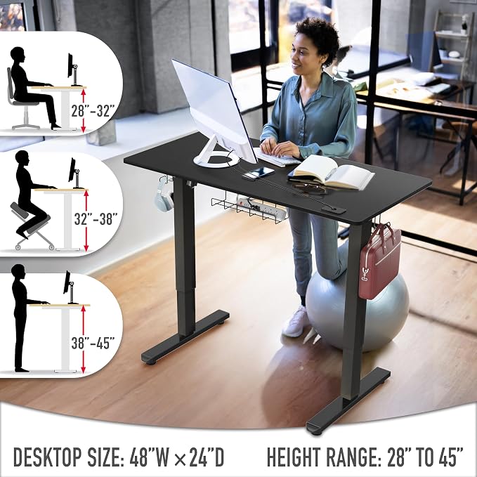 SHW 48-Inch Electric Height Adjustable Standing Desk w/Drawer, Black | w/ Memory Presets and Cable Management | Drawer with adjustable compartments | Hanging Hooks - Image 6