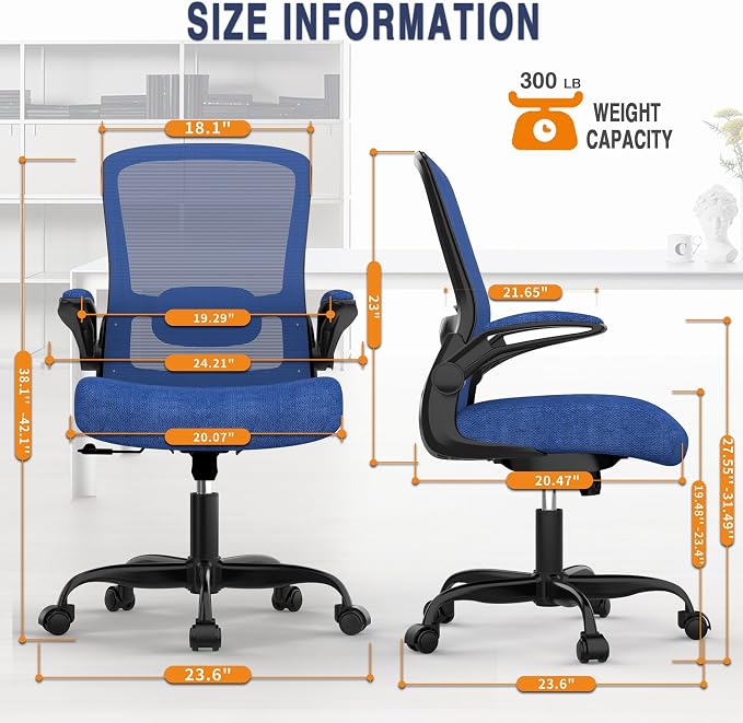 Ergonomic Office Chair w/Adjustable Lumbar, Flip Armrest, 135° Recline | Supports 300 lbs · Seat 19.48"–23.4" · Breathable mesh · 20–30 min assembly · 5-year warranty - Image 2