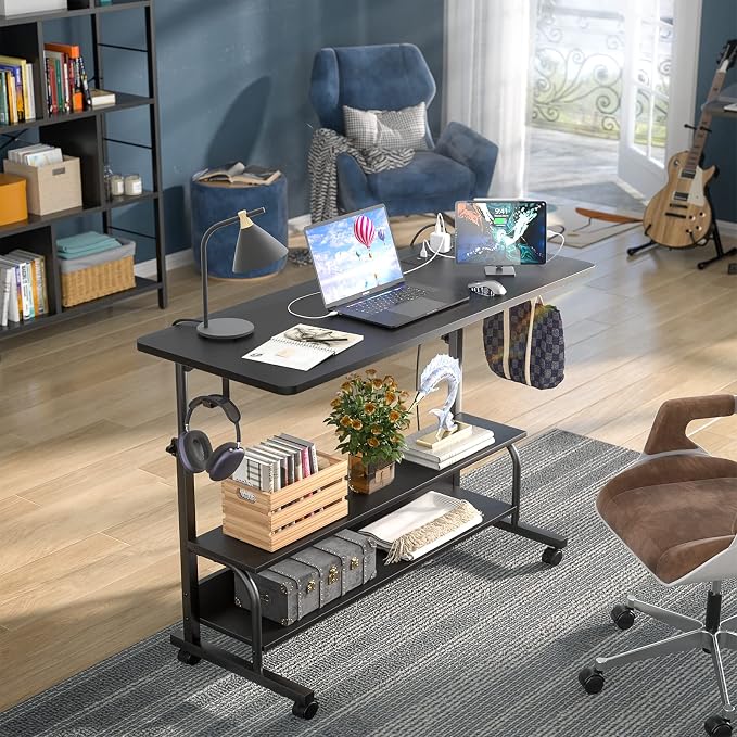 39" Rolling Standing Desk with Charging Station for Couch Bed | Height Adjust 27.5-41", 2 AC/3 USB, Mobile 4 Lockable Wheels, 2-tier Shelves Hook, Safe Corner Fast Assembly - Image 2