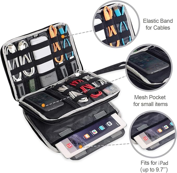 BUBM Double Layer Electronics Organizer, Travel Gadget Bag for Cables, Memory Cards, Flash Hard Drive and More, Fit for iPad or Tablet(up To 9.7")--Large, Dark Blue | Travel Gadget Bag For Cables, Memory Cards, Flash Hard Drive and More, Fit For iPad o... - Image 4