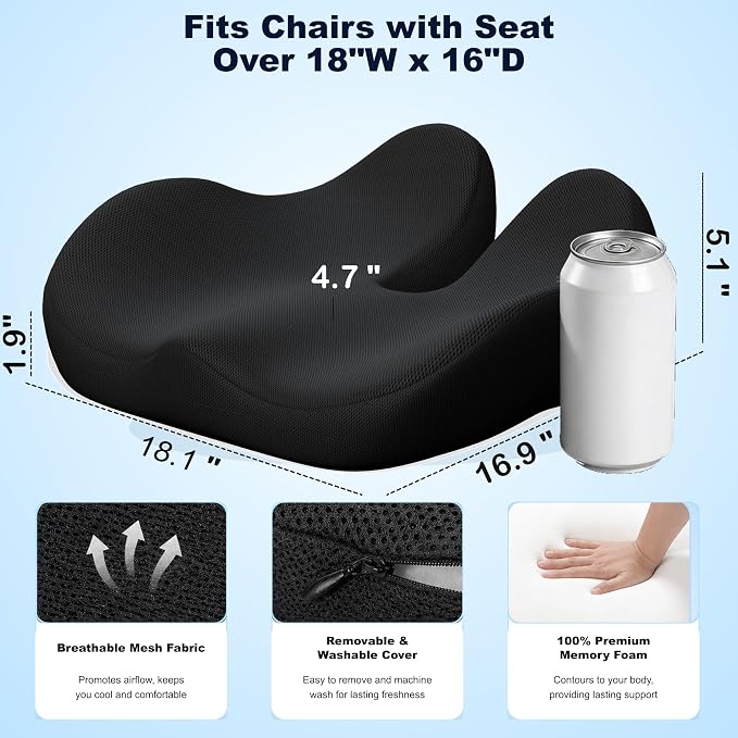 Seat Cushions for Office Chairs, Ergonomic Memory Foam, Black | Contoured Pressure Support, Breathable Washable Cover, Non-Slip Base, 18.1 x 16.9 x 4.7 in, for Desk, Car and Wheelchair - Image 2