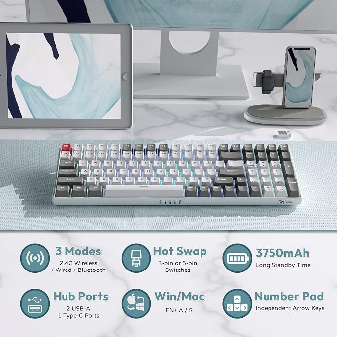 RK ROYAL KLUDGE RK100 Wireless Mechanical Keyboard RGB Backlit Bluetooth5.1/2.4G/Wired 96% Full Size 100-Key Hot Swappable Gaming Keyboard Brown Switch Classic - Image 5
