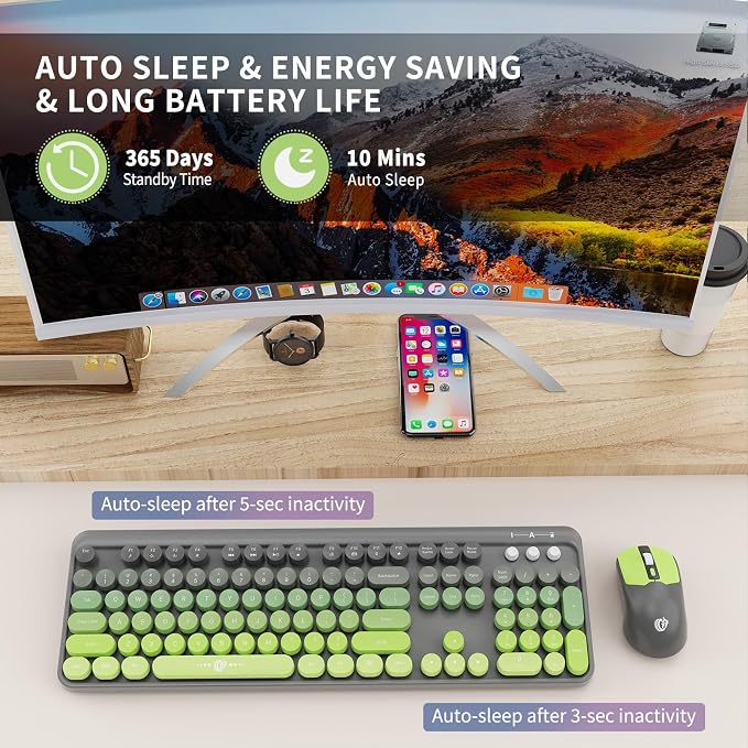 Wireless Keyboard and Mouse Combo, 104 Round Keys Cute Colorful Keyboard and Mouse with Retro Typewriter for PC/Mac/Laptop/Tablet/Computer/Windows Gray Green - Image 5
