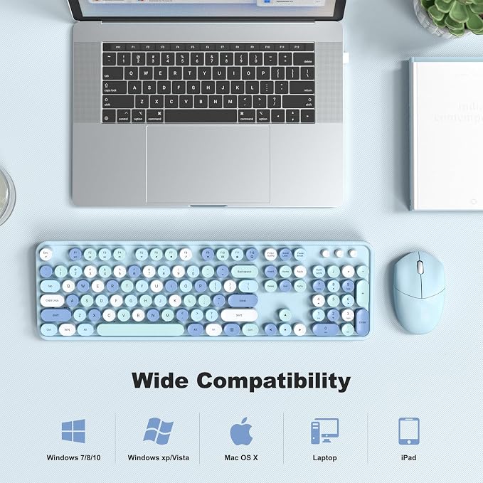 Wireless Keyboard and Mouse Combo, 2.4GHz Retro Full-Size Typewriter Keyboard with Number Pad and Wireless Mouse for PC/Laptop/Desktop/Windows (Pale Blue) - Image 4