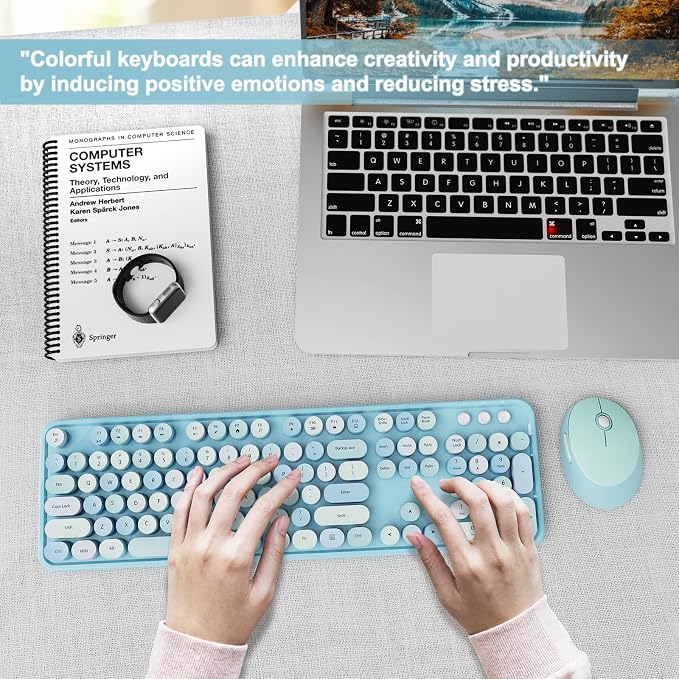 Wireless Keyboard and Mouse Combo, Ergonomic Full Size Typewriter Retro Round Keycaps Keyboard, Compatible with Windows, PC, Perfer for Home and Office Keyboards (Blue - Image 7