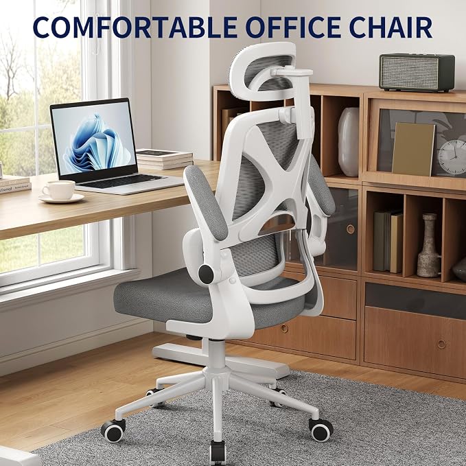 Ergonomic Office Chair - Desk Chair with Adjustable Headrest Lumbar Support Computer Chair - Mesh Comfy Chair with Flip-up Armrests - Gaming Chairs for Adults Home Office (White+Gray) - Image 4