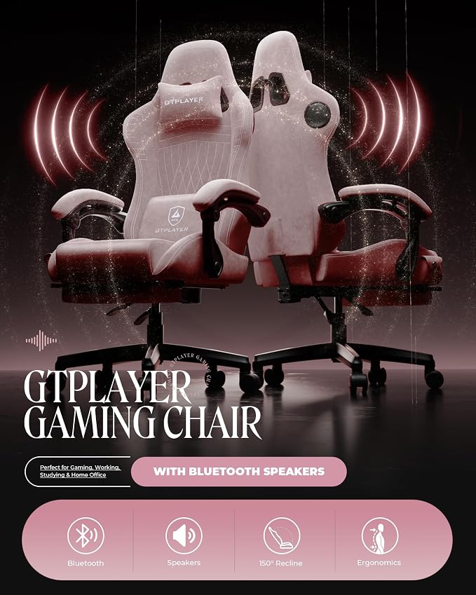 GTPLAYER Gaming Chair with Speakers, Video Game Chairs with Footrest, PC Gamer Chairs for Adults - Padded High Back Ergonomic Reclining Silla Gamer, Linkage Armrest, ACE Pro, Pink (Velvet) - Image 3