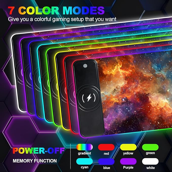 Wireless Charging RGB Gaming Mouse Pad, 31.5 x 11.8 Inch Extended Mouse Mat with Galaxy Nebula Design, LED Desk Pad with 7 Lighting Modes, Non-Slip Base for Gaming & Office - Image 3