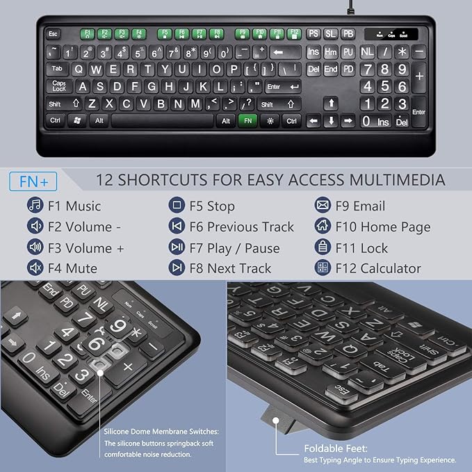 KOPJIPPOM Large Print Backlit Keyboard, USB Wired Computer Keyboard, Full Size Keyboard with White Illuminated LED Compatible for Windows Desktop, Laptop, PC, Gaming, Black - Image 3