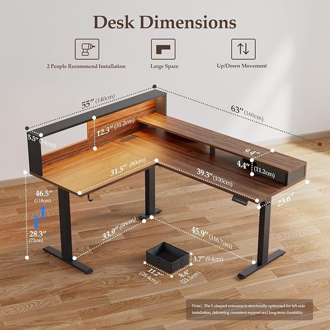 Klicelor L Shaped Electric Standing Desk 63 x 55 inch with Shelf, Height Adjustable Corner Desk, Sit Stand Desk with Storage Shelf, Home Office Computer Table, Light Dark Walnut - Image 2