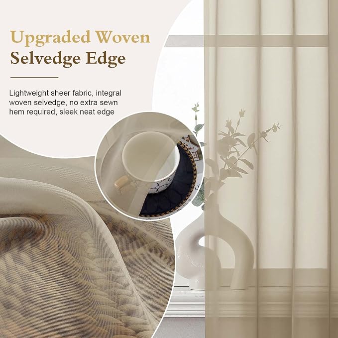 Taupe Sheer Curtains 84 Inches Long 2 Panels for Living Room 52 Wide | Sheer White Curtains for Bedroom, Elegant Airy Light Filtering Window Treatments, Rod Pocket, 2pcs Each Panel 52" W x 84" L - Image 5