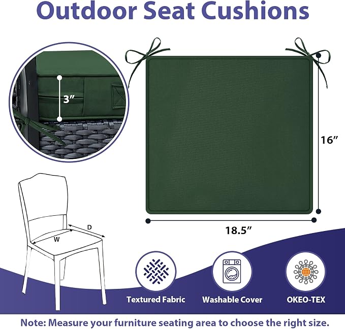 IPYNBAP Outdoor Chair Cushions Set of 4 -Waterproof Outdoor Seat Cushions for Patio Furniture, Patio Chair Cushion with Handle and Ties, Out Door Chair Pads,18.5x16x3-Square, Forest Green - Image 6