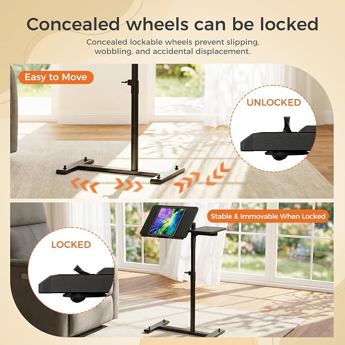 YUHFERA Rolling Table for Laptop Stand, Height and Angle Adjustable Over Bed Table with Wheels, Tilt-Top Laptop Desk for Couch with Cup Holder, Bed Table Tray for Eating (Brown) - Image 8