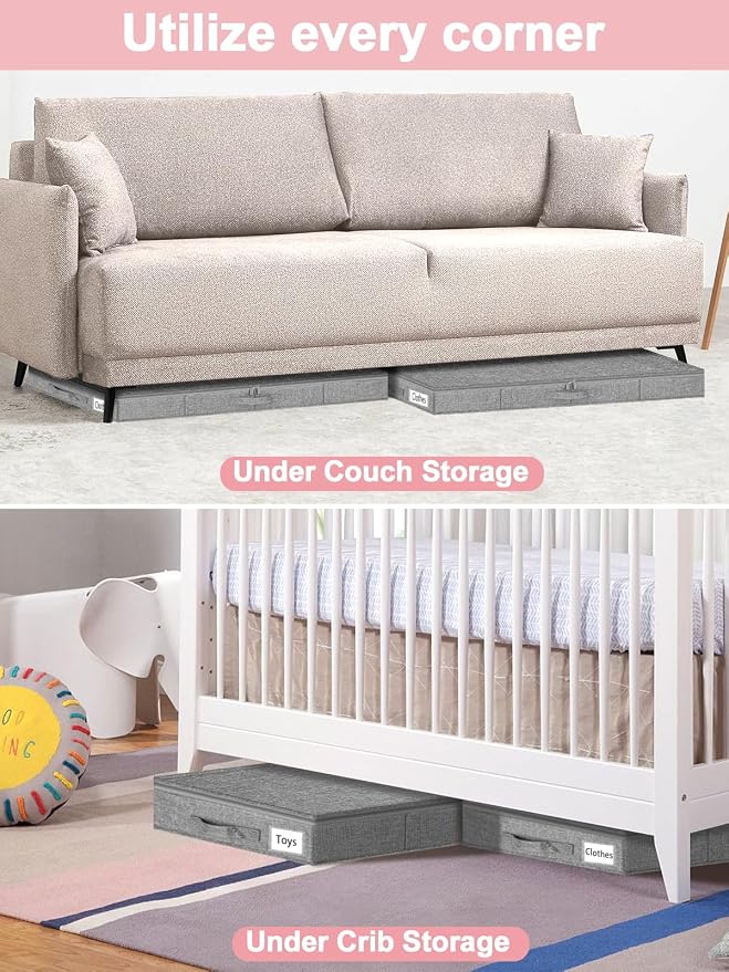 4-In Low Profile Under Bed Storage, Rigid Structure, 2 Pack, Gray | Below 4 Inch Low Space Storage, Rigid Sides & Bottom, Reinforced Handles, Foldable Design, for Couches, Cribs, Dorm Beds - Image 6