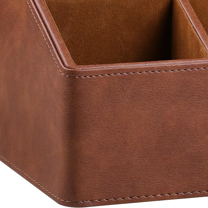 PU Leather Desk Organizer, Remote Control Holder, Brown | Luxury Nightstand Organizer for Home, Office Desk Accessories, Bedside Table Caddy with 5 Compartments, Velvet Lining - Image 7