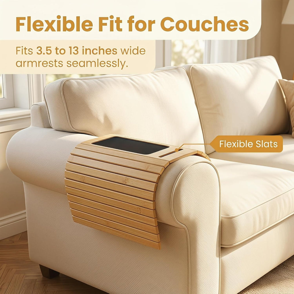 Foldable Sofa Couch Armrest Tray Wooden Anti-Slip with Phone Holder - Image 5