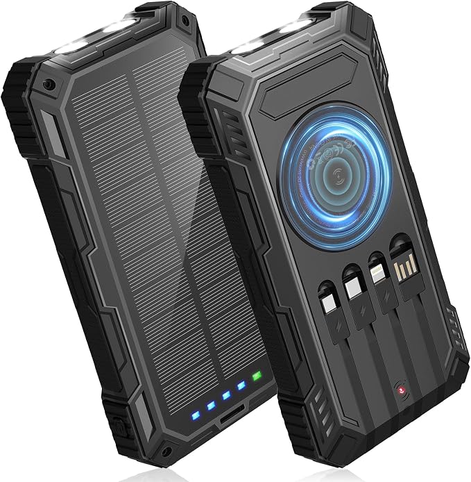 BLASOUL Solar Power Bank,49800mAh Wireless Portable Phone Charger with 4 Built-in Cables,22.5W Fast Charging USB-C in/Output External Battery Pack for iPhone,Android,Perfect for Hiking/Camping by Unknown