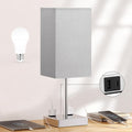 17.4" Grey Touch Table Lamp for Bedroom - Dimmable, USB C+A, 2 AC Outlets | 3-Way Dimming, 3000K Bulb Included, Square Grey Lampshade and Silver Base, Desk Lamp for Nightstand, Living Room, Dorm by Aooshine