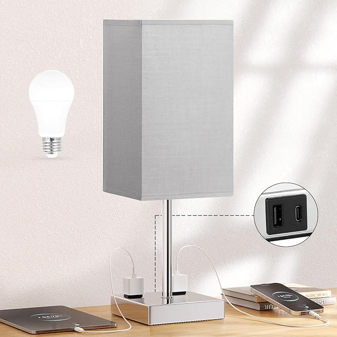17.4" Grey Touch Table Lamp for Bedroom - Dimmable, USB C+A, 2 AC Outlets | 3-Way Dimming, 3000K Bulb Included, Square Grey Lampshade and Silver Base, Desk Lamp for Nightstand, Living Room, Dorm by Aooshine