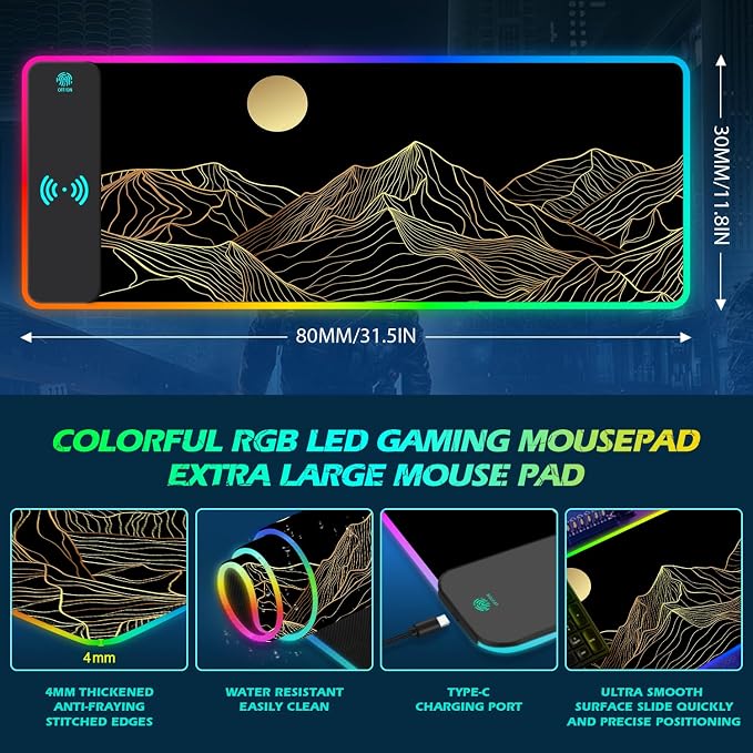 ToLuLu RGB Wireless Charging Gaming Mouse Pad, 7.5/10/15W 10 Light Modes LED Mouse Pad Computer Keyboard Mat Mousepad, 800x300x4MM Extended Large Desk Mat Desk Pad, Sun Shines Over Golden Mountain - Image 7