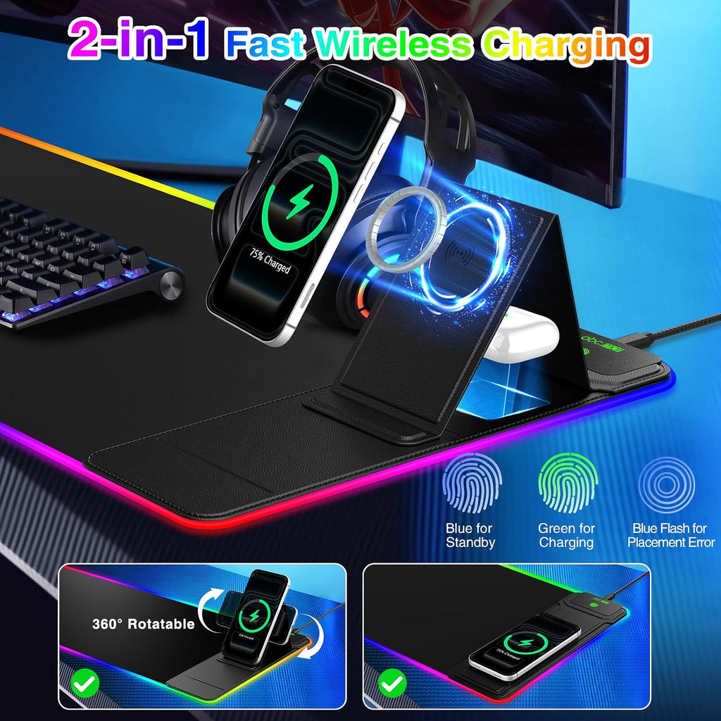 RGB Gaming Mouse Pad with Magnetic Wireless Charging & Foldable Phone Stand - Image 2