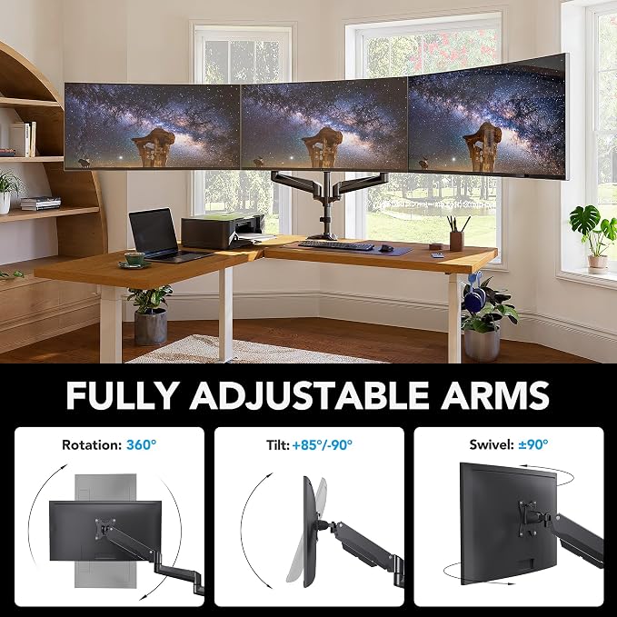 HUANUO Triple Monitor Mount for 17 to 32 inch Screens, Adjustment Gaming Triple Monitor Stand with Swivel, Tilt, Rotation, Clamp & Grommet Kit - Image 5