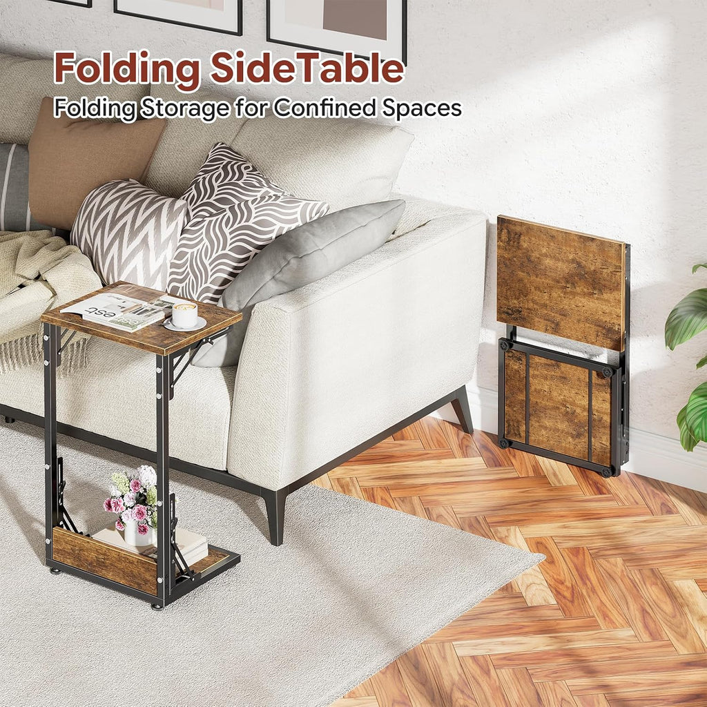 Simple Trending C Shaped End Table, Folding TV Tray Table, Side Table for Living Bedroom, Rustic Brown - Image 5