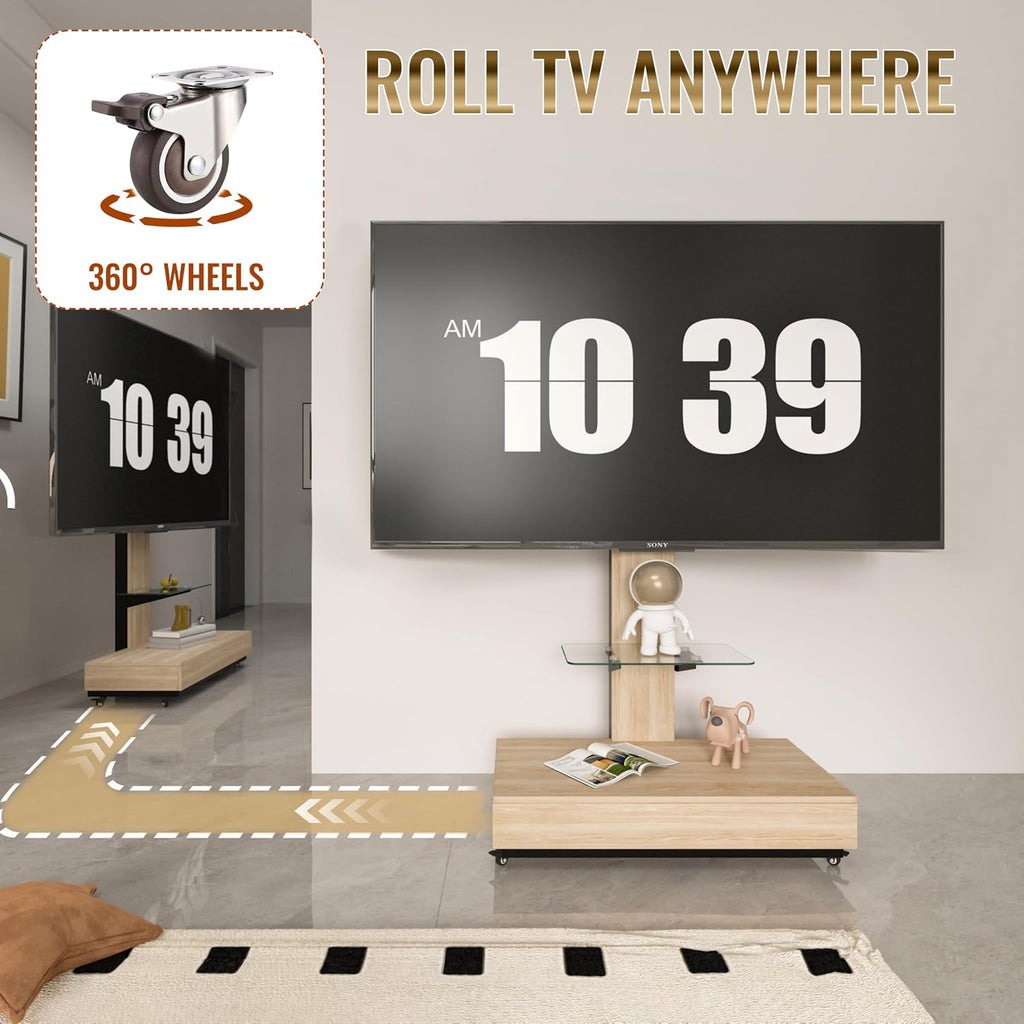 Swivel TV Stand for 32-75 inch TVs,Adjustable Height Mobile TV Cart, Wood & Glass TV Stand with Wheels & Storage for Living RoomBedroom,Offices - Image 6
