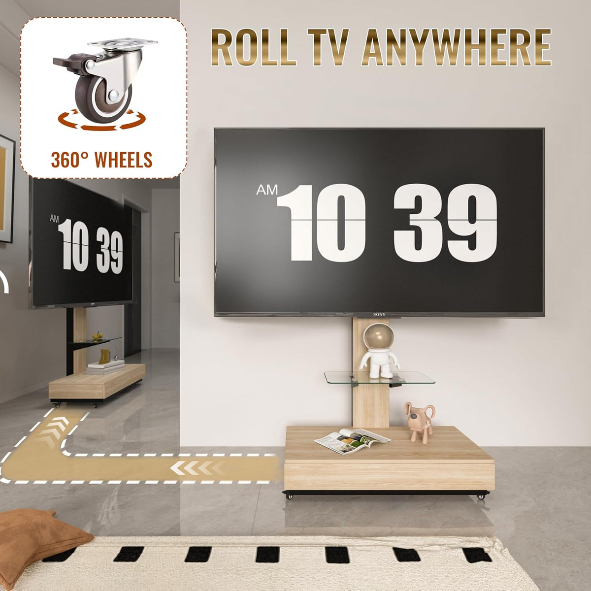 Swivel TV Stand for 32-75 inch TVs,Adjustable Height Mobile TV Cart, Wood & Glass TV Stand with Wheels & Storage for Living RoomBedroom,Offices - Image 6