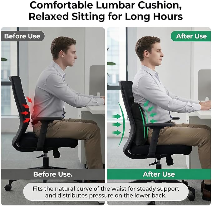Lumbar Pillow for Car Seat and Office Chair, Classic Black | Ergonomic back support cushion with a removable, washable corduroy cover for driving, desk chairs, sofas and recliners - Image 5
