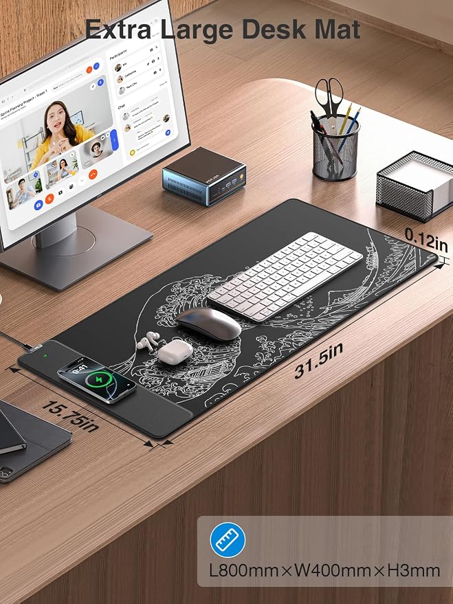 Magnetic Wireless Charging Mouse Pad, 31.5"x15.8" Large Desk Mat | Waterproof Mousepad, Smooth Glide, Stitched Edge, Non-Slip Rubber Base, Desk Pad Computer Keyboard Mat, No Adapter - Image 7