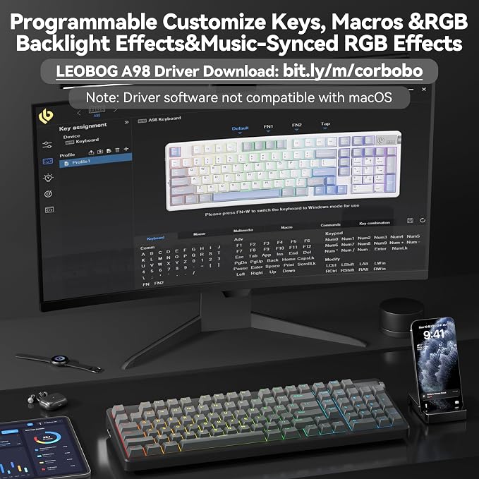 LEOBOG A98 Wireless Mechanical Keyboard, Tri-Mode BT5.0/2.4GHz/USB-C, Creamy Keyboard with Number Pad, Gasket Structure Hot Swappable, PBT Keycaps, RGB Backlit Black Gaming Keyboard with Knob for PC - Image 8