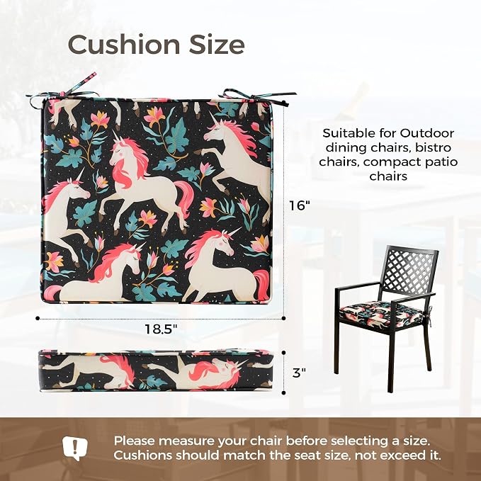 UNIKOME Outdoor Chair Cushions Set of 4, Water Resistant Patio Seat Cushions with Ties for Outdoor Furniture, High-Density Foam, UV & Fade Resistant, Piped Edge – 18.5" x 16" x 3", Unicorn - Image 2