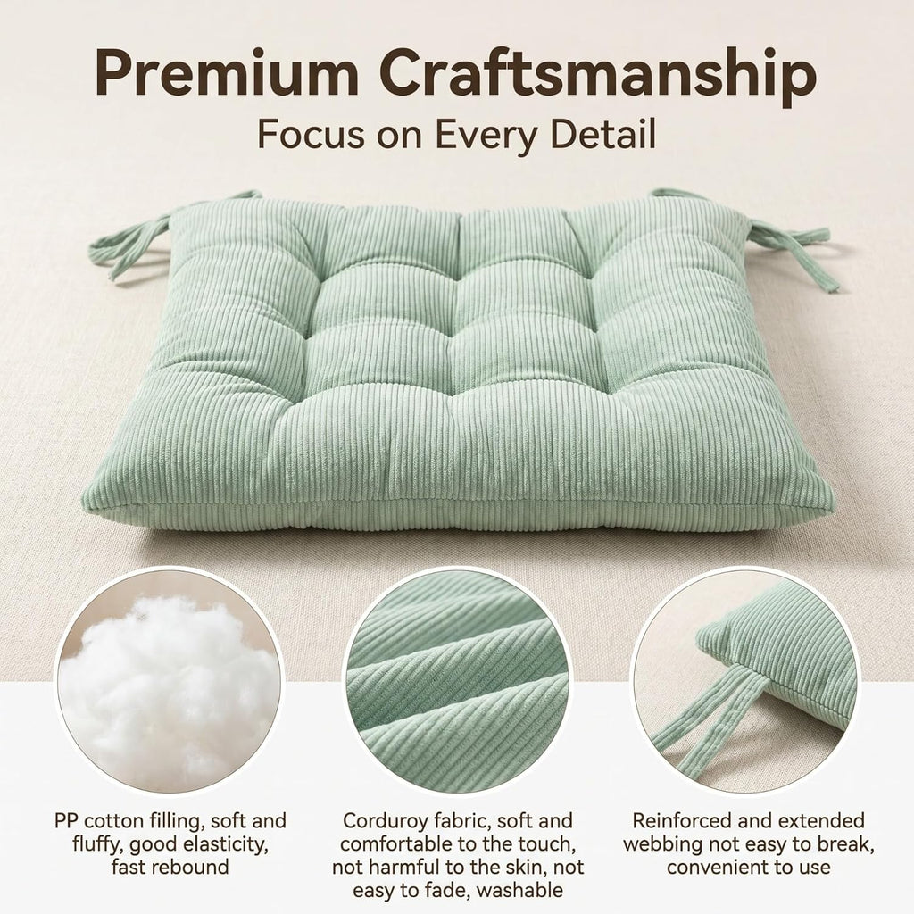 HLOVME Corduroy Chair Cushion with Ties Ultra Soft Warm Floor Cushion for Kids Reading Nook Comfortable Square Seat Cushion for Adult 15.7”x15.7” Set of 2, Green - Image 4