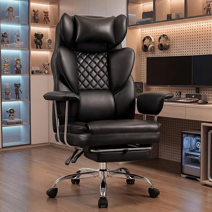 NEO CHAIR Big & Tall Leather Office Chair, High Back, Lumbar Support, Black | Gaming Chair for Adults and Computer Use, Reclining Office Chair with Foot Rest, Massage, Comfy Design and Heavy Duty Support - Image 2