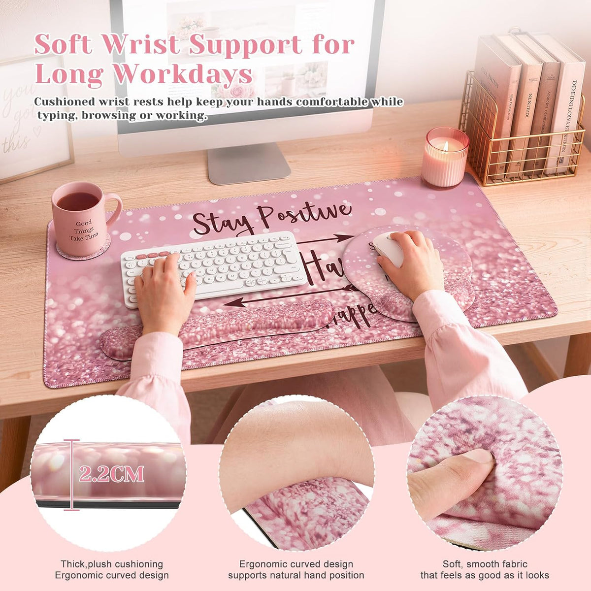 iCasso Pink Ergonomic Mouse Pad with Wrist Rests Set for Desk Accessories - Image 4