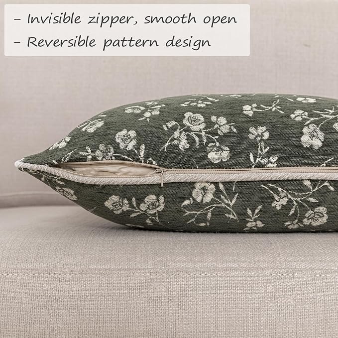 20x20 Chenille Jacquard Throw Pillow Cover, Olive Green Vintage Floral Cushion Case with Piped Edges, Decorative Large Accent for Sofa, Bed & Couch, 2 Pack - Image 4