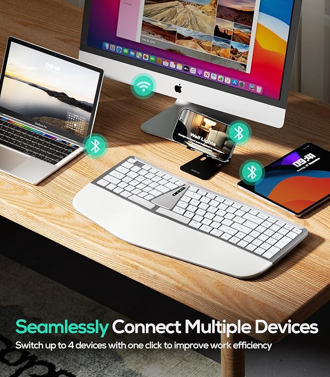 Nulea RT07B Wireless Ergonomic Keyboard - Split Keyboard, Wrist Rest, Natural Typing, Bluetooth and USB Connectivity, USB-C Rechargeable,Compatible with Windows Mac (Grey White) - Image 3