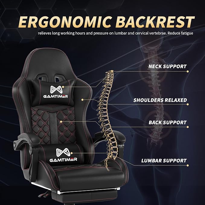 Gamtimer Gaming Chair, 400 LB Weight Capacity,with Pocket Spring Cushion | Ergonomic Backrest Office Chair,Leather, with Headrest and Lumbar Support, Footrest, Suitable for Adults(Black) - Image 7