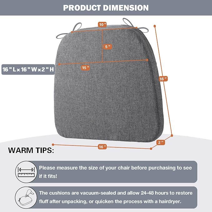 Battilo Chair Cushions for Dining Chairs with Ties, Waterproof Kitchen Chair Pad with Non-Slip Backing, Seat Cushions with Machine Washable Removable Cover, 16"x16"x2", Set of 4, Dark Grey - Image 3
