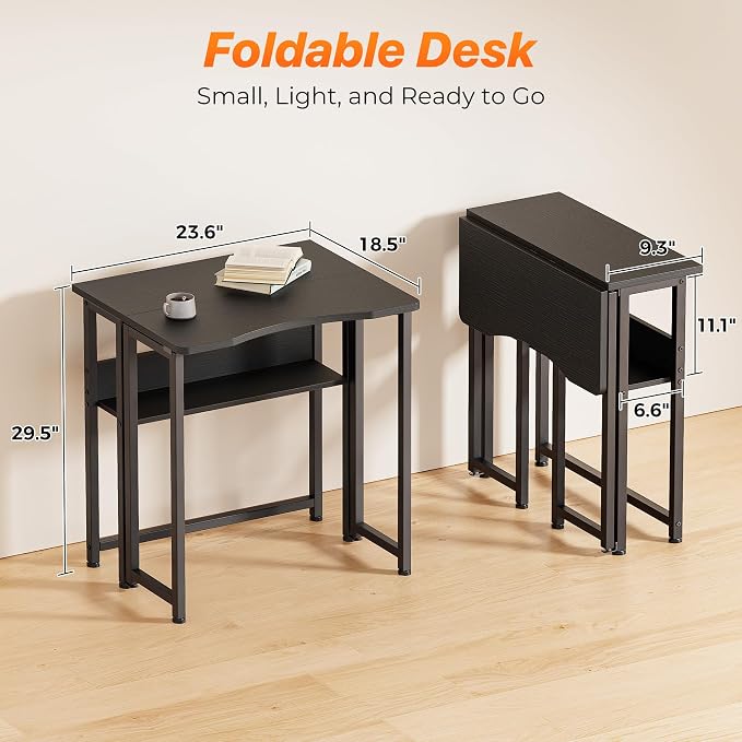 Huuger Folding Desk with Storage Shelf, 23.6 Inch Foldable Computer Table | Writing Work Office Computer Desk for Small Spaces, Space Saving Sofa Table for Couch, Easy to Fold, Black - Image 2
