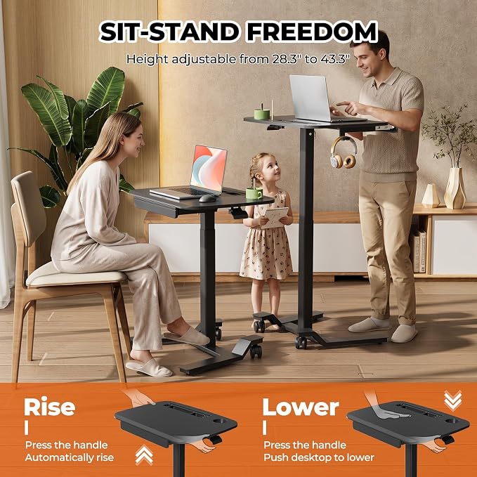 JOY worker Mobile Standing Desk Adjustable Height, Rolling Desk with Drawer | 28" Small Portable Laptop Workstation, Low Base & Moveable Wheels, Cable Storage Tray, Cup Holder, Black, Home Office Teacher - Image 3