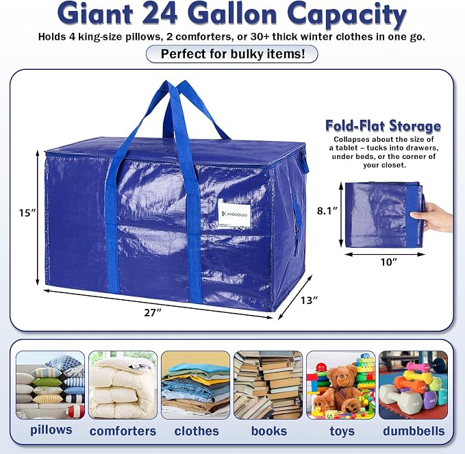 KYODOLED 6 Pack Extra Heavy Duty Blue Moving Bags - Large Move In & Packing Bags for College Students, Sturdy Storage Totes with Strong Zipper & Comfortable Handles for Clothes Storage - Image 2