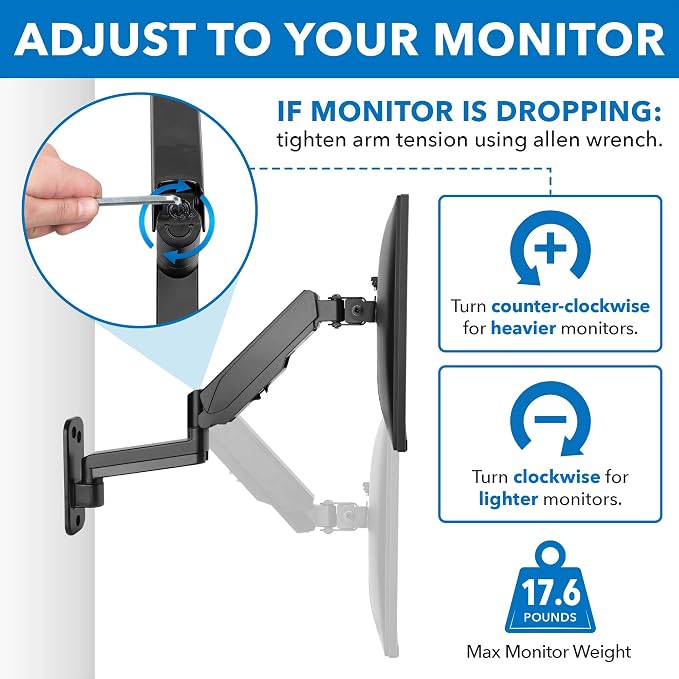 Mount-It Computer Monitor Wall Mount, Gas Spring Arm, Full Motion | for 17-32 Inch Screens, 11 in Height Range, Cable Management, Tilt Swivel, VESA 75x75 100x100, 17.6 Lbs, Alloy Steel, Black - Image 5