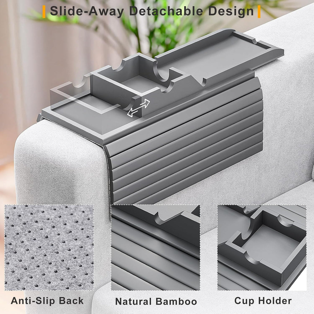 Bamboo Couch Armrest Table with Detachable Cup Holder Tray (Gray) - Image 2
