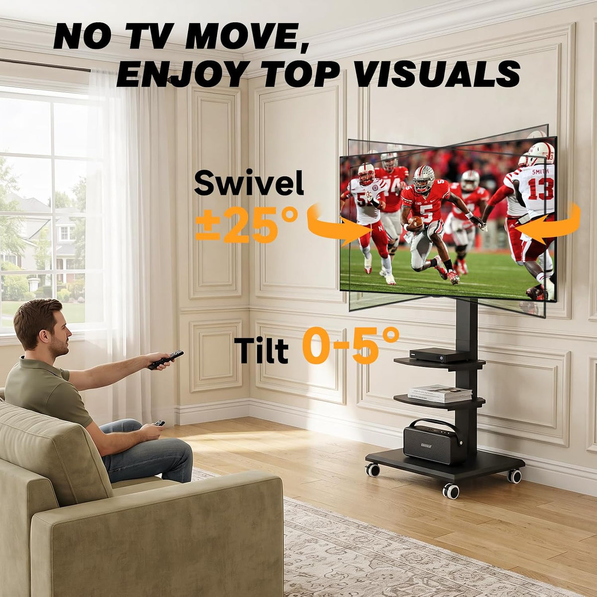 Rolling Floor TV Stand with Double Shelves, Height Adjustable Swivel Freestanding TV Mount with 2'' Lockable Nylon Casters, Solid Wood Base for 32-75 Inch TVs up to 110 lbs, Max VESA 400x400mm - Image 4