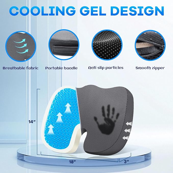 Gel Seat Cushion & Lumbar Support Pillow Set, Cooling Memory Foam for Coccyx & Sciatica Pain Relief, Ergonomic Desk Chair Cushion with Breathable Mesh Cover for Car, Home, Wheelchair (Grey) - Image 2