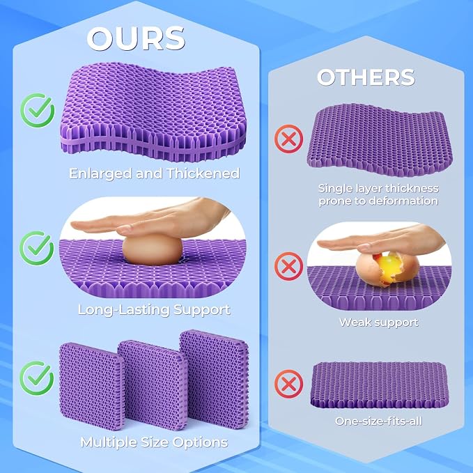 TushGuard Gel Seat Cushion for Long Sitting, Breathable Thick Patent Design | Enlarged Cooling Chair Pad for Office Chair, Wheelchair, Desk Chair, Supportive Car Cushion (2"Thick, Grey+Violet) - Image 5